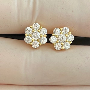 Herren Damen 14k Gold/925 Blume eisig Bling Diamant Schraubverschluss Ohrstecker 9 mm