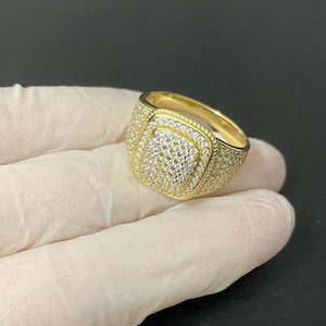 Men’s Iced out Bling Diamond Cluster Pinky Ring 14k Gold Plated Solid 925 Sterling Silver Sizes 7-12