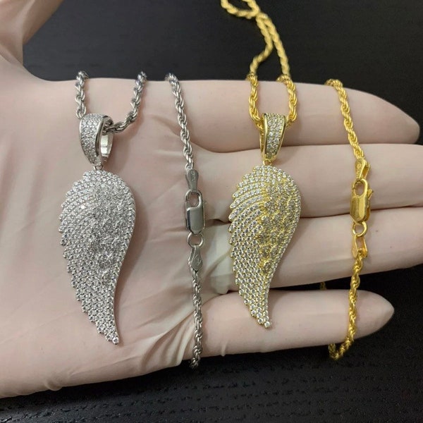 Men’s Women’s Solid 925 Sterling Silver Iced Out Bling Diamond Angel Wing Pendant Rhodium/14k Gold 3mm 18”20”22”24” Rope Chain Necklace