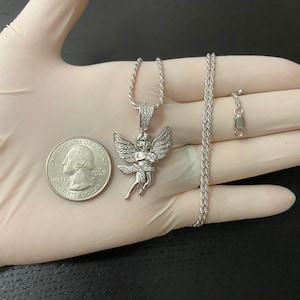 Solid 925 Sterling Silver Iced Out Bling Diamond Silver Angel Wing Charm Pendant Rope Chain Necklace