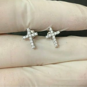 Men women 14k white gold 925 sterling silver diamond cross earring