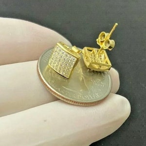 Men’s Women’s Unisex 14k Gold over 925 Sterling Silver Square Iced Out Bling Diamond 7mm Push Back Earrings Studs Earrings