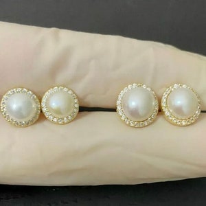 Women’s Girl’s Italy Real 14k gold Over 925 Sterling Silver Iced Out Bling Diamond Pearl Earring 8mm or 10mm Push Back Earrings