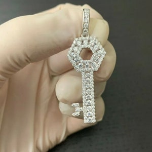 Men’s Women’s Real 925 Sterling Silver Iced Out Bling Diamond Silver Key Charm Pendant
