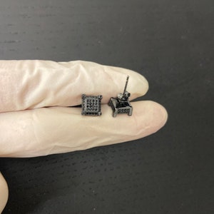 Men Women Italy 925 Sterling Silver Iced Bling Square Black Diamond Earrings Push Back Earrings 8mm