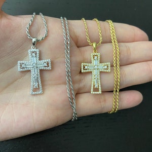 Men’s women’s solid 925 sterling silver baguette Diamond cross pendant in 14k gold or rhodium finish with rope chain necklace Italy gift