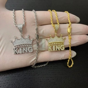 Men’s Women’s Solid Sterling Silver 925 Iced Out Bling Silver / Gold King Crown Hip Hop Charm pendant 3mm Rope Chain Necklace 18” 20” 22”24”