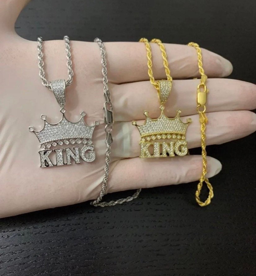 Men’s Women’s Solid Sterling Silver 925 Iced Out Bling Silver / Gold King Crown Hip Hop Charm pendant 3mm Rope Chain Necklace 18” 20” 22”24”