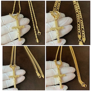 Men’s Women’s Gold Stainless steel Jesus Christ Crucifix Cross Chain Necklace Rope Chain Box Chain Figaro Chain Cuban Chain