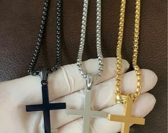 Cross Pendant for Men Women Stainless Steel Gold /Silver/Black Cross Pendant with Box Chain Necklace