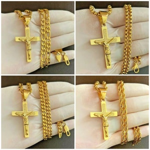 Men’s Women’s Stainless Steel Gold Crucifix Jesus Christ Cross Pendant Figaro Chain Necklace Or Rope chain Or Box Chain Cuban Chain 20” 24”
