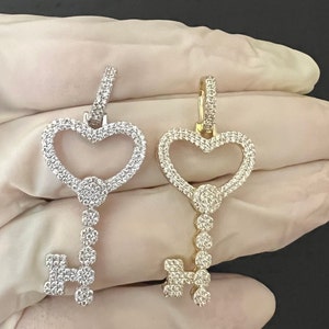 Women 925 Sterling Silver & Gold Iced Out Diamond Love Heart Key Charm Pendant