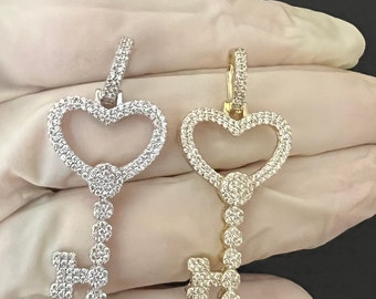 Women 925 Sterling Silver & Gold Iced Out Diamond Love Heart Key Charm Pendant