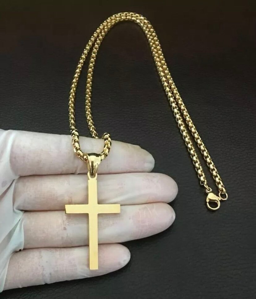 18-36 Inch Stainless Steel Box Chain With Cross Pendant – 3mm, Gold/Silver/Black Plated, Unisex H&J Jewelry