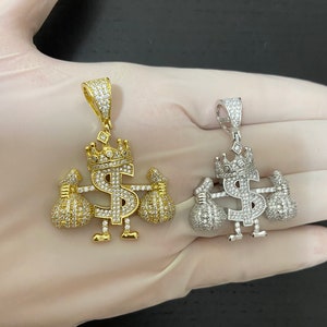 Ciondolo a forma di corona con sacchetto porta soldi in argento sterling 925 massiccio da uomo, con diamanti ghiacciati, argento e oro