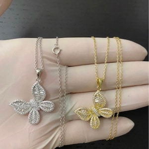 Women’s girl’s Solid Real 925 Sterling silver / Gold Iced Out Bling Butterfly Necklace