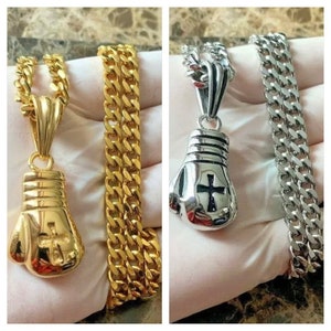 20”24”MEN’S Stainless Steel Gold /silver Cuban Chain Necklace Boxing Glove Cross Pendant