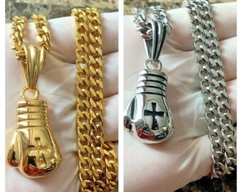 20”24”MEN’S Stainless Steel Gold /silver Cuban Chain Necklace Boxing Glove Cross Pendant