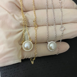 Women’s Girls Solid 925 Sterling Silver / Gold Iced Out Bling Diamond Pearl Pendant 16”-18” Adjustable Chain Necklace