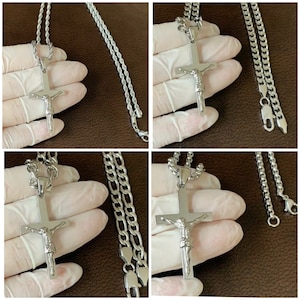 20” 24” Men’s Women’s Silver Jesus Christ Crucifix Cross Lord’s Prayer Figaro Chain / Box Chain /Rope Chain /Cuban Chain Necklace-Gift Box