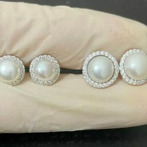 Women’s Girl’s Italy real 925 Sterling Silver Iced Out Bling Diamond Pearl Earring Classic
