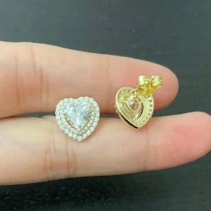 Women’s Girl’s 14k Gold Over 925 Sterling Silver Iced Out Bling Cz Diamond Heart Studs Push Back Earrings 12mm