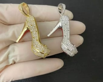 Women’s Solid Real 925 Sterling Silver Iced Out Bling Diamond Silver/Gold High Heel Shoe Charm Pendant