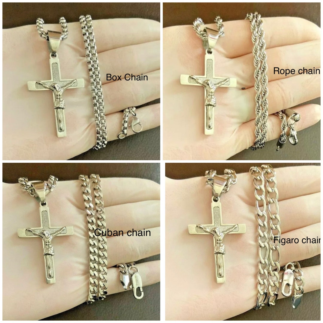 thumbnail interactive-video image 1 of Men's 20-Inch Stainless Steel Cuban Chain Necklace With Jesus Cross Pendant 1 of 3