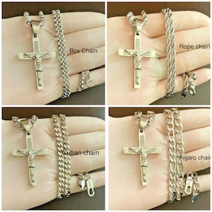 Men Women 20”24” Silver Stainless Steel Christ Jesus Crucifix Cross Pendant Rope Chain Necklace or Figaro Chain Or Cuban chain or Box Chain
