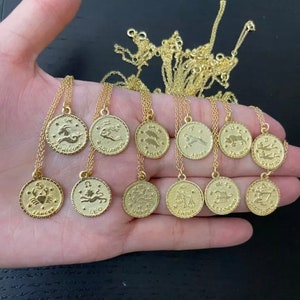Men’s Women’s 925 Sterling Silver Gold Horoscope Zodiac Sign Coin pendant Necklace Gift