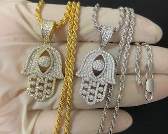 Men’s Women’s Real 925 Sterling Silver Gold Hamsa Hand Evil Eye Iced Out Bling Diamond pendant Rope Chain Necklace