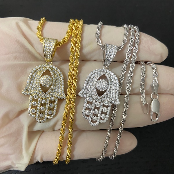 Men’s Women’s Real 925 Sterling Silver Gold Hamsa Hand Evil Eye Iced Out Bling Diamond pendant Rope Chain Necklace