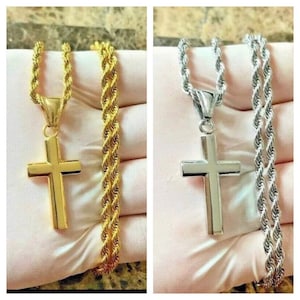 20”24” men women stainless steel silver/gold plain classic small cross with rope chain necklace