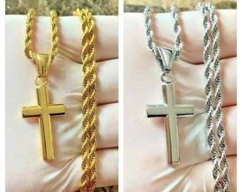 20”24” men women stainless steel silver/gold plain classic small cross with rope chain necklace