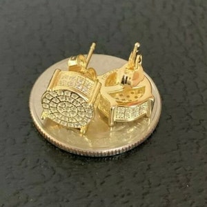 Men’s Women’s Italy Real 14k Gold Over 925 Sterling Silver Iced Out Bling Hip Hop Round Diamond Studs cluster Earring 10mm Push Back