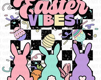 May include: A digital illustration of three pastel colored bunnies sitting on a black and white checkered background. The bunnies are pink, blue, and purple. The text "Easter Vibes" is above the bunnies in a retro font.