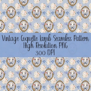 Op de afbeelding: Een naadloos patroon met een vintage illustratie van een lam met een strik in een gouden frame, omringd door witte bloemen en blauwe vergeet-me-nietjes op een lichtblauwe achtergrond. De tekst "Vintage Coquette Lamb Seamless Pattern High Resolution PNG 300 DPI" staat onderaan de afbeelding.