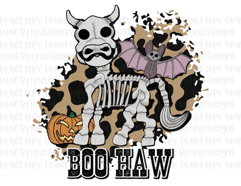Peut inclure: Graphique sur le th&egrave;me d'Halloween avec une vache squelette, une chauve-souris et une citrouille. Le squelette de la vache est blanc, avec une moustache noire. La chauve-souris est rose et la citrouille est orange. Le texte "BOO HAW" est en bas.