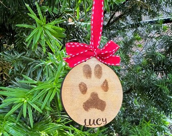 Pet Paw Print Photo Engraved Wood Ornament - Laser Cut Wood, Ornament, Christmas ornament, Custom ornament