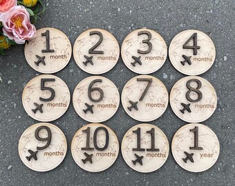 Travel Theme Baby Monthly Milestones - Laser Cut Wood, Decal, Baby Milestone, Milestone Plaque, Baby photo props, Newborn Gifts