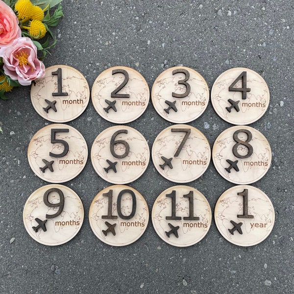 Travel Theme Baby Monthly Milestones - Laser Cut Wood, Decal, Baby Milestone, Milestone Plaque, Baby photo props, Newborn Gifts