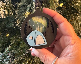 Camping Ornament Northern Lights - Laser Cut Wood, Ornament, Christmas ornament, Custom ornament