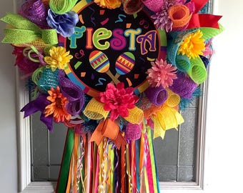 FIESTA WREATH, Colorful Handmade Fiesta Wreath, Cinco de Mayo Door Decor, Spring or Summer Decor