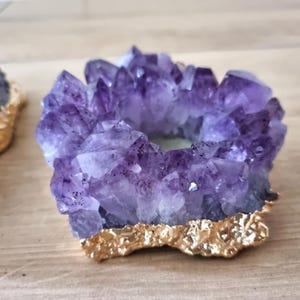 Amethyst Cluster Candle Holder with Golden Edge - Amazing Purple Amethyst Candle Holder Golden Plated Crystal Amethyst Tea Light Candle