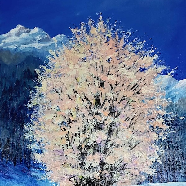 Albero fiorito in montagna, quadro moderno