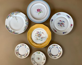 Mismatched Gallery Wall Collection Plates Vintage Collage Display Gold Yellow Transferware #211
