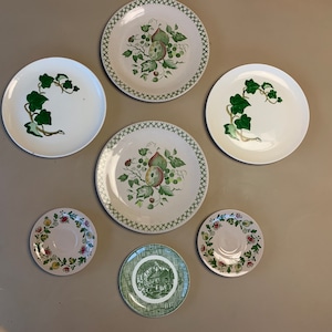 Puede incluir: Una colección de siete platos de cerámica blanca con diseños florales verdes y marrones. Los platos están dispuestos en círculo en una pared beige.