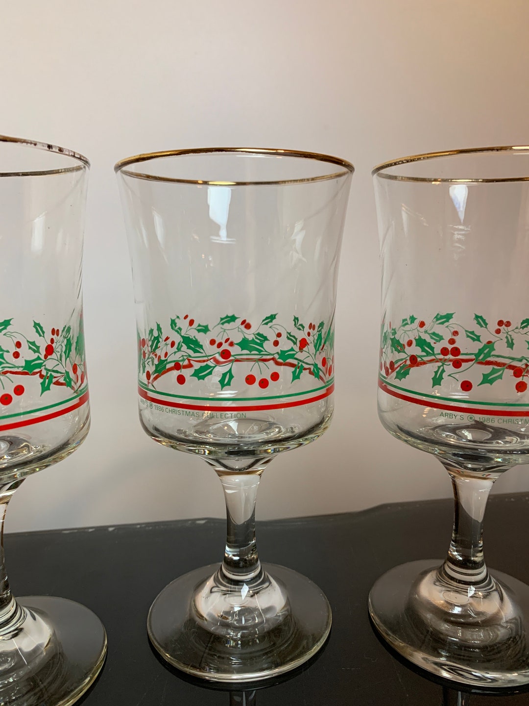 Set of 4 Vintage Libbey Arby's Holly and Berry Water Goblets Glasses ...