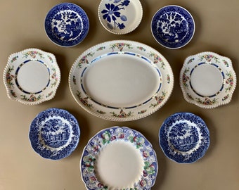 Mismatched Gallery Wall Collection Plates Vintage Collage Display Blue Transferware #125