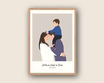 May include: A digital illustration of a family portrait. A man, woman, and child are depicted in a light gray background. The man is wearing a purple suit jacket and the woman is wearing a white shirt. The child is wearing a blue shirt. The text "John ♥ Anne ♥ Sam 09.13.2019" is at the bottom of the image.